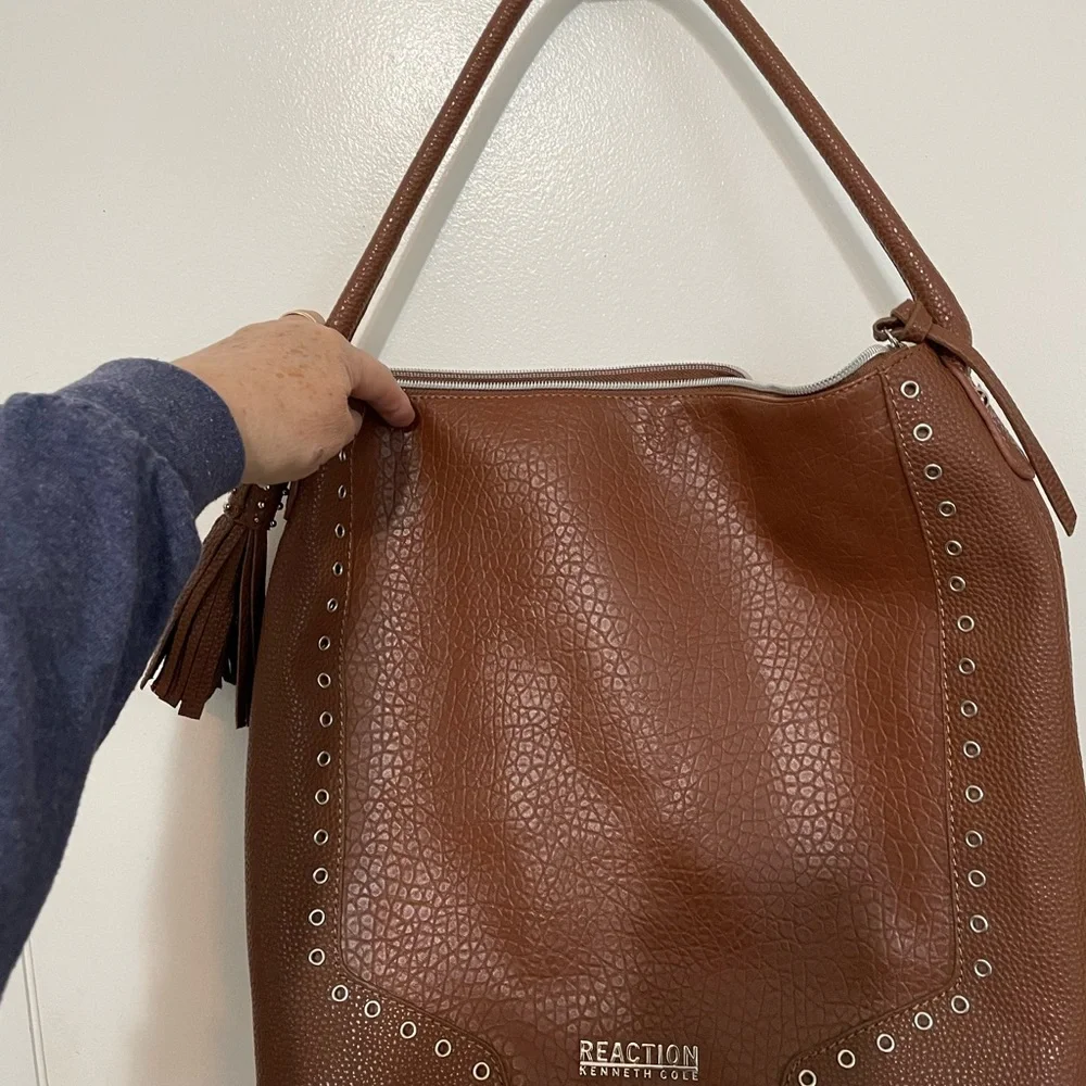 Kenneth Cole Reaction Pebbled Camel Faux Leather Grommet Accent Tote Handbag
